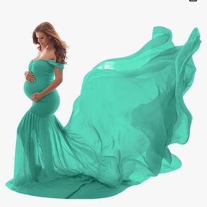 Off Shoulder Maternity Dress Elegant Fit V Neck Chiffon Long Gown Photography